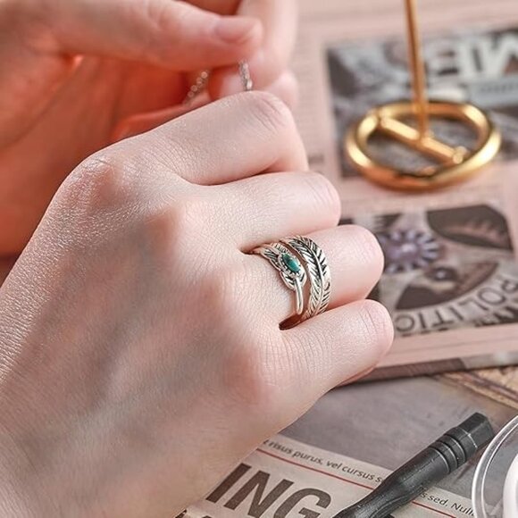Sterling Silver Feather Ring Adjustable Statement Ring for Women - Turquoise